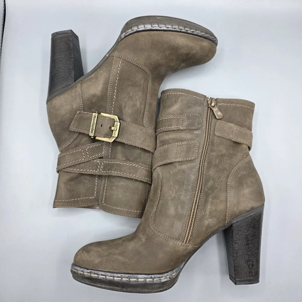 Nero Giardini Booties Womens 37 Brown Leather Ankle Strap Buckle High Heel Dress